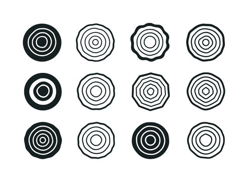 Tree Ring Logo Variations. Trunk. Icon set. Set Logo of Trunk: tree ring pattern. harmonious logo variations of the same emblematic concept, each