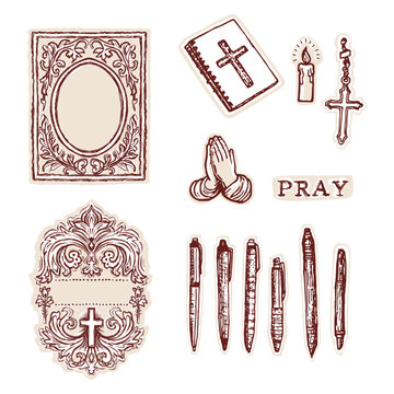 Christian bible journaling pen icon illustration set. Hand drawn black and white vector motif collection with pens, label, book cover frame , praying hands and candle . Crucifix for faith prayer time