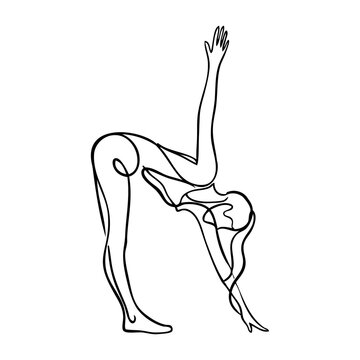 Dibujo sencillo con l&iacute;nea continua de una mujer de pie en una posici&oacute;n de yoga