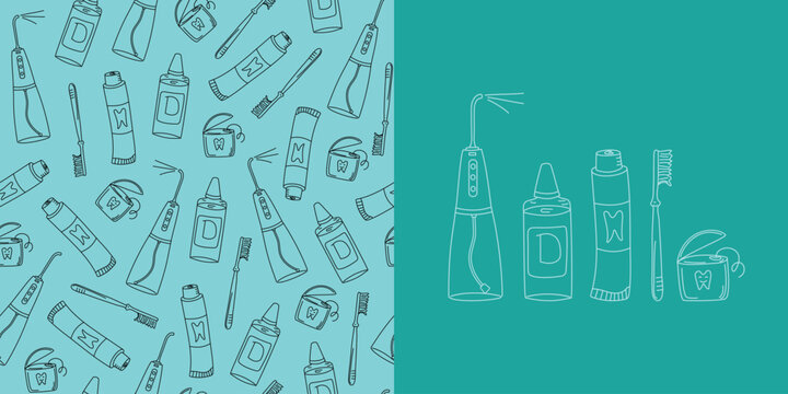 Dental care accessories. Seamless pattern. Dental care. Oral cleaning tool set. Irrigator, toothpaste, toothbrush. Hygiene and health concepts. Dental kit. Repeating background, wallpaper.