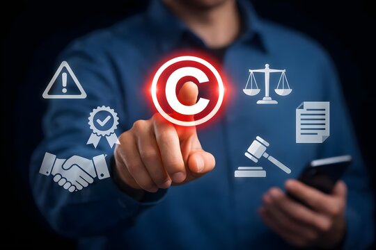 Copyright or patent concept. Businessman touching copyright icon for author rights and patented intellectual property. copyleft trademark license.