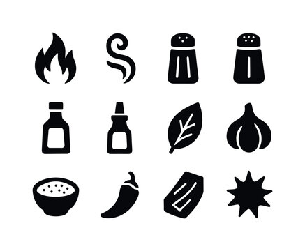 BBQ Flavor Icons. BBQ flavor icons. Solid icon set of BBQ flavor icons: flame, smoke swirl, pepper shaker, salt shaker, marinade bottle, sauce bottle, herb