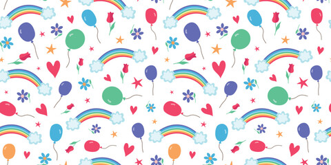 Seamless pattern. Vector festive background. Rainbow with clouds, hearts, balloons, and flowers. Funny cartoon icons.