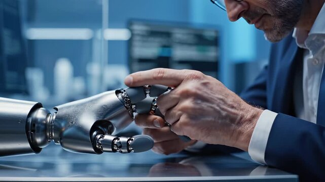 Engineer touches robotic hand in laboratory with careful examination. Man examines robot arm and bionic hand closely. Professional inspects prosthetic robotic hand technology. Scientist tests robot