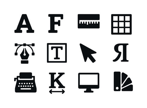 Typography Icon Set. Typography design. Solid icon set of Typography design: letter A, font icon, ruler, grid, pen tool, text box, cursor, paragraph symbol,
