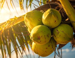 Green coconuts on a palm tree.