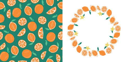 Oranges, round frame, banner, and pattern with simple abstract fruits. Slices, halves, and whole citrus fruits. Natural food. Colored flat illustration. Seamless bright colored background.