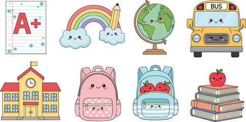 Naklejka premium Cute back to school cartoon illustration set featuring education icons school bus backpacks books and supplies