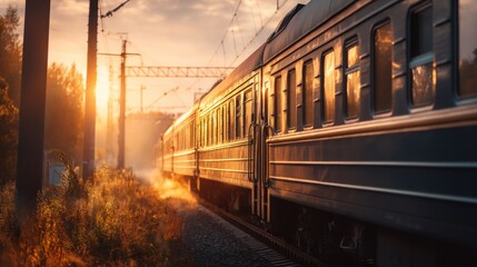 Fototapeta premium Scenic Sunset Journey on Train Tracks Surrounded by Nature with Soft Light, Bringing Warmth and Tranquility to the Evening Landscape