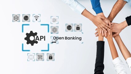 Obraz premium Diverse Hands Joining Together to Represent Collaboration and Innovation in Open Banking and API Technology Gluon.
