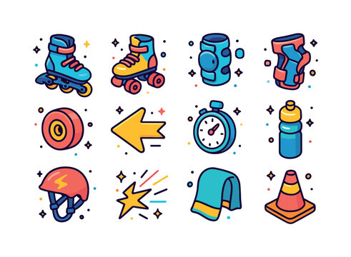 Colorful Roller Sports Icons. Roller sports. Colorful isometric vector icons set of roller sports: inline skates, quad skates, knee pads, wrist guards, slick