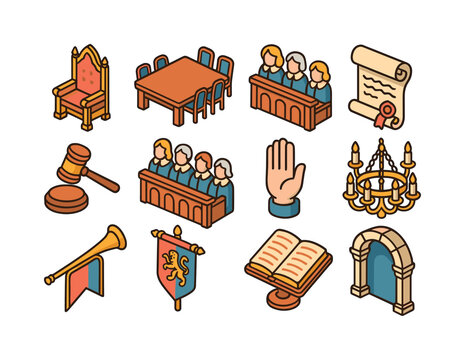 Medieval Court Icons. Medieval courts. Colorful isometric vector icons set of medieval courts: throne seat, council table, witness bench, law scroll, judge?s