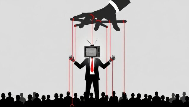 Manipulated businessman with TV head controlled by puppeteer