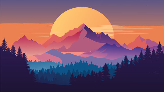 A beautiful flat design illustration of a vibrant mountain landscape at sunset with colorful layers and pine trees