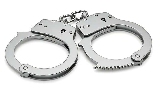 Metal handcuffs cut out isolated on white background PNG. AI GENERATED.
