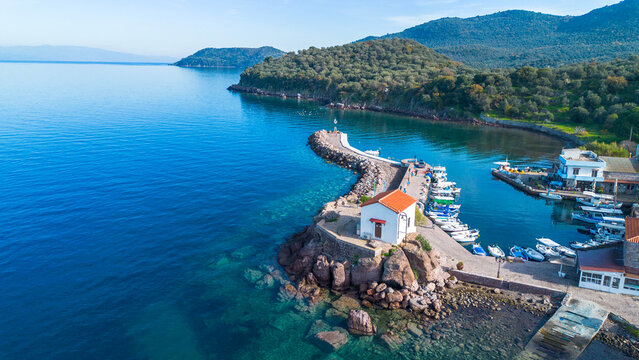 The little church of Panagia gorgona situated on a rock in Skala Sykamias, a picturesque seaside village of Lesvos