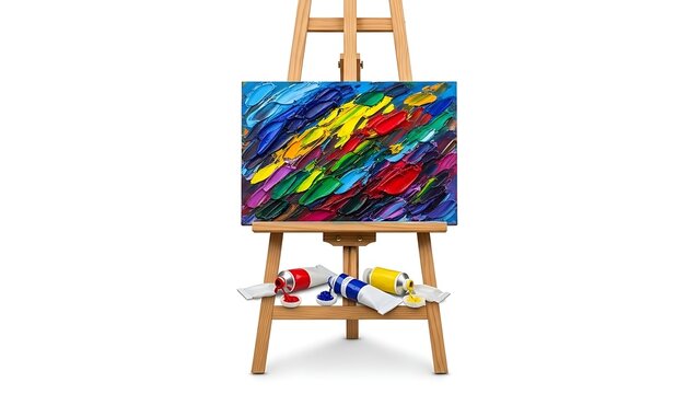 Wooden easel with colorful oil paint smears on canvas isolated cut out on PNG. AI GENERATED.

