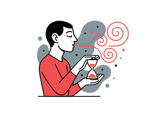 Geometric Breath Harmony. Hourglass Breath Focus. A calm figure holds a small hourglass in their hands, and as they breathe out, the air forms clean geometric