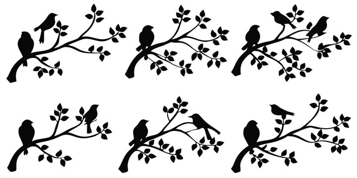 Several branches with leaves show multiple bird silhouettes perched upon them, all in black