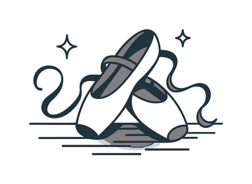 Elegant Ballet Slippers. Ballet shoes on floor. Delicate ballet slippers lie crossed on a warm wooden surface, ribbons curling into graceful shapes. Gentle