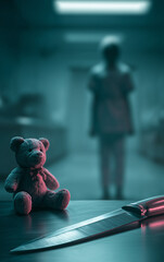 Creepy teddy bear on table in dark kitchen with blurred female silhouette in background, cinematic horror scene with dramatic teal lighting, suspense concept for thriller poster, book cover, banner