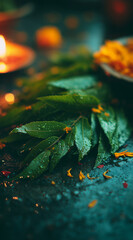 Fresh green bilva leaves with water drops on dark stone background for maha shivaratri worship, hindu ritual offering for shiva puja, spiritual festival poster, banner and temple decoration