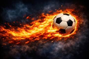 Naklejka premium Flaming Soccer Ball Flying Through Dark Space