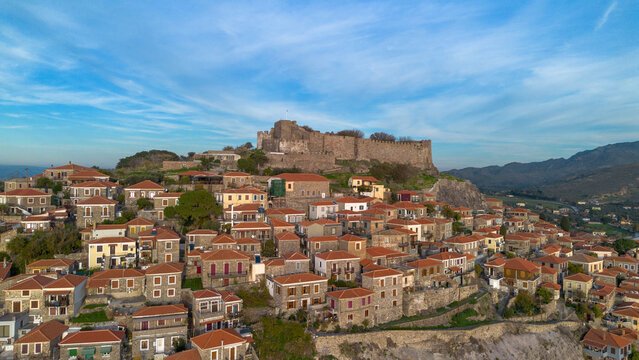 Traditional Greece. Lesvos island, view of town Molyvos (Mithymna) with old castle above