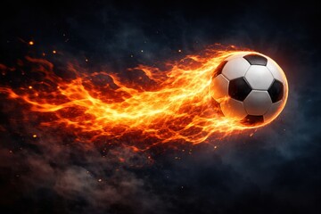 Fototapeta premium Flaming Soccer Ball Flying Through Dark Space