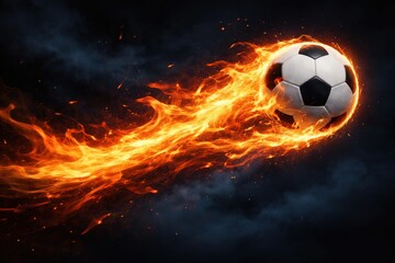 Naklejka premium Flaming Soccer Ball Flying Through Dark Space
