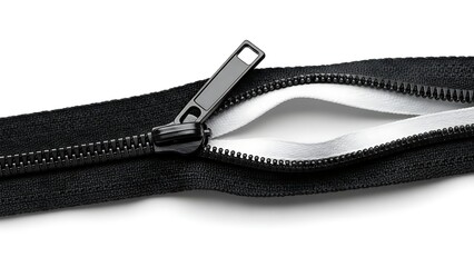 Black zipper open isolated cut out on white background PNG. AI GENERATED.
