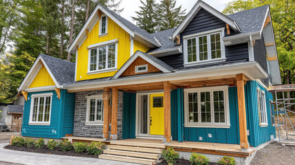 Exterior of a modern house with a yellow door, blue and yellow siding and a stone wall is stylish and inviting. The exterior is visually appealing with bright colors and an interesting stone wall