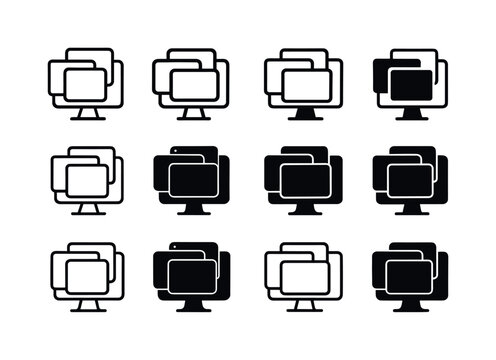Harmonious Multitasking Icons. Multitasking on screen. Icon set. Set Logo of multitasking on screen: floating windows. harmonious logo variations of the same