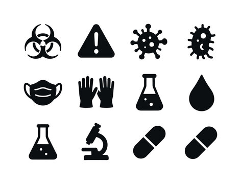 Hazard Warning Icons. Hazard Warning. Solid icon set of Hazard Warning: biohazard sign, exclamation mark, virus, bacteria, spore, mask, gloves, test tube,