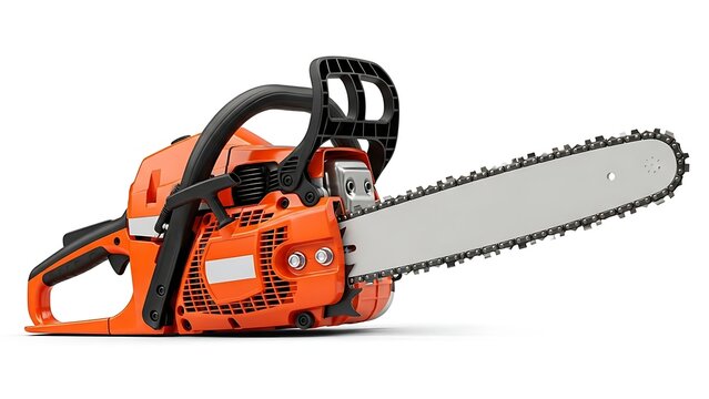 Powerful chainsaw isolated cut out on white background. With shadow. AI GENERATED.
