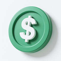 Obraz premium A 3d green coin with a white dollar sign on a plain white background, symbolizing currency and finance, with a subtle shadow effect.