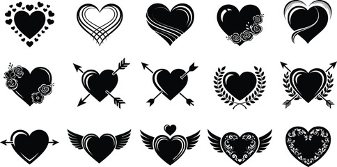Heart Love Romance Valentine Silhouettes Collection Vector Illustration Black White Decorative Floral Arrow Wings Wedding Symbol Design Icons