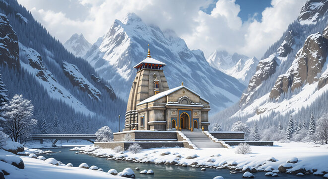 Kedarnath Temple in Snowfall &ndash; Sacred Himalayan Shiva Shrine Winter Devotion