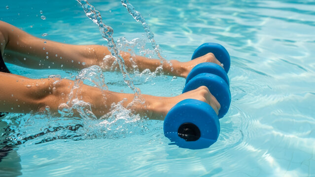 Instructor hands with aqua dumbbells demonstrating exercise inside pool, aquatic fitness and physical therapy in rehabilitation