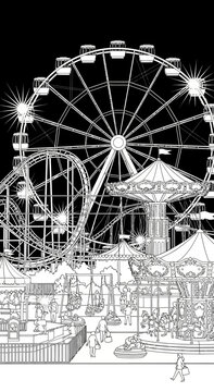 Amusement park with Ferris wheel at night illustration.