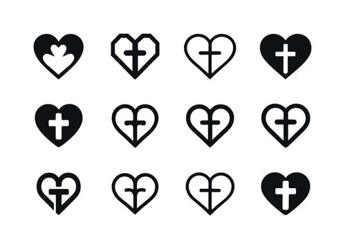 Catholic Mission Logos. Catholic Mission Work. Icon set. Set Logo of Catholic Mission Work: heart and cross symbol. harmonious logo variations of the same