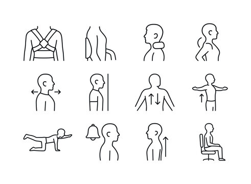 Posture Correction Icons. Postural correction. Line icon set of postural correction: posture brace, lumbar support pillow, neck support pillow, corrective