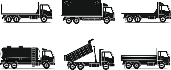 Commercial truck silhouette set featuring flatbed box tanker dump and platform vehicles isolated for logistics transportation industrial design © KagenChandro