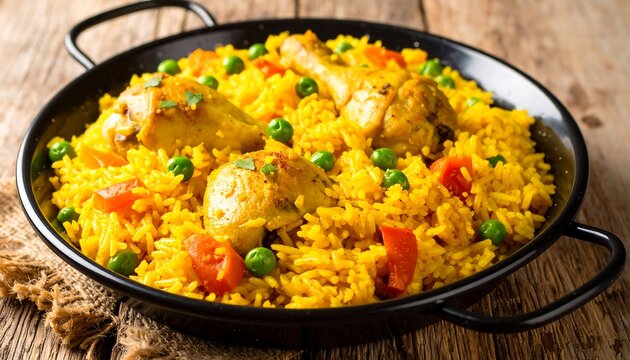 Yellow rice and chicken Cuban Arroz con Pollo with peas and peppers