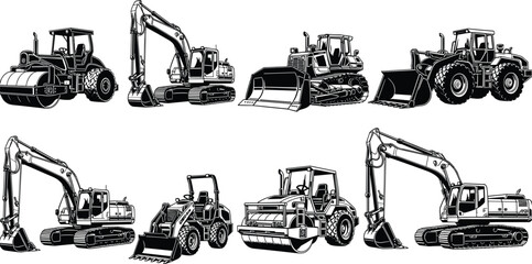 Heavy construction machinery illustration set featuring excavators bulldozers loaders and rollers isolated on white background for industrial engineering design © KagenChandro