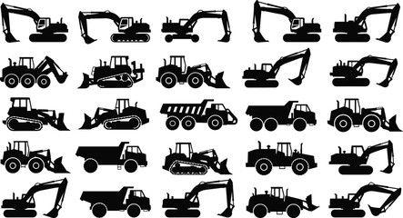 Heavy construction machinery silhouette icon set featuring excavators loaders bulldozers dump trucks tractors isolated for industrial design projects © KagenChandro