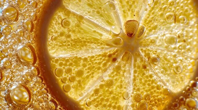 Golden lemon citrus slice underwater close up macro with effervescence and effervescent yellow bubbles creating vibrant refreshing scene with