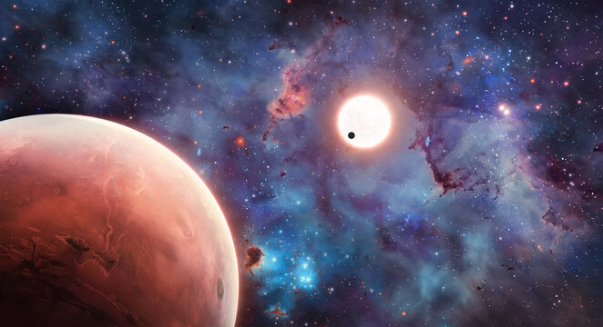 Mars planet with stars in deep bright space. Red planet surface. Solar system exploration. Orbit of Mars globe. Elements of this image furnished by NASA. Not AI. Photo collage