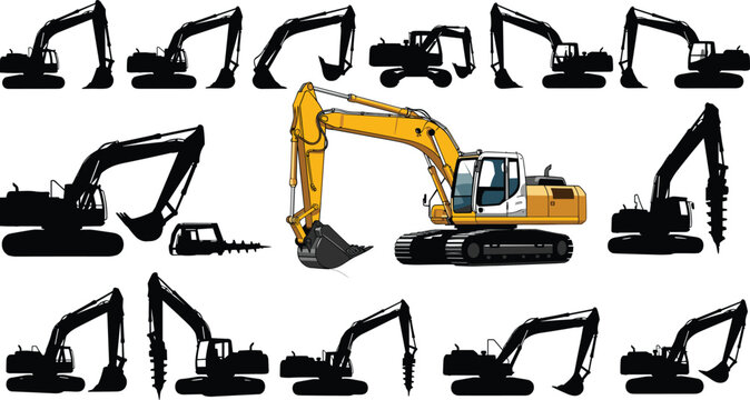 Hydraulic excavator silhouette set with detailed yellow crawler excavator and multiple digging arm positions isolated for construction engineering design use