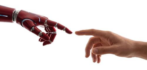 Futuristic robot hand reaching towards a human finger, symbolizing artificial intelligence and connection, Isolated on transparent background, png